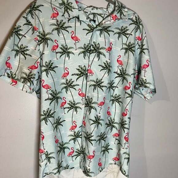 Brother Threads Shirt Adult Large Blue Palm Pink Flamingo Print Button Up Poly - Picture 1 of 3